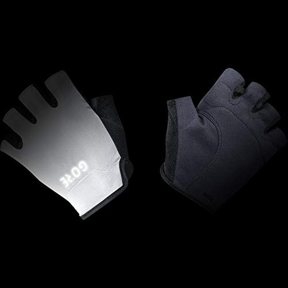 Short finger cycling gloves, white and dark blue-gray pair with logo on wrist area