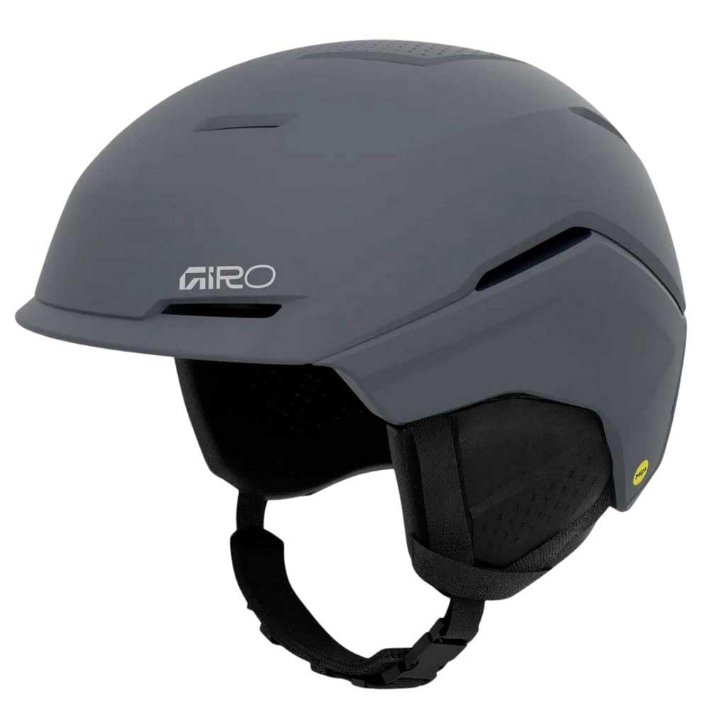 Giro Tenet snow helmet in gray with chin strap and padded interior liner.