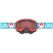 Blue and black snowmobile goggles with red tinted lens and vented foam frame