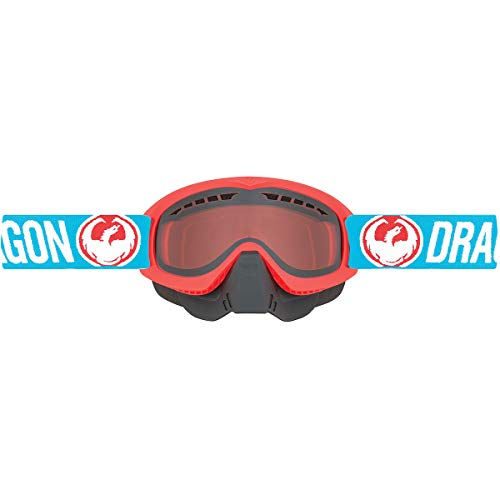 Blue and black snowmobile goggles with red tinted lens and vented foam frame