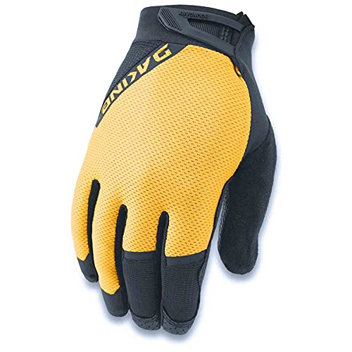 Golden yellow and dark gray Dakine cycling glove with textured grip palm