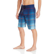 Billabong men's plaid stretch boardshorts with drawstring waist, blue/red