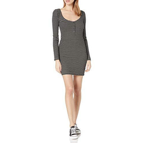 Black and white striped mini dress, scoop neck and long sleeves