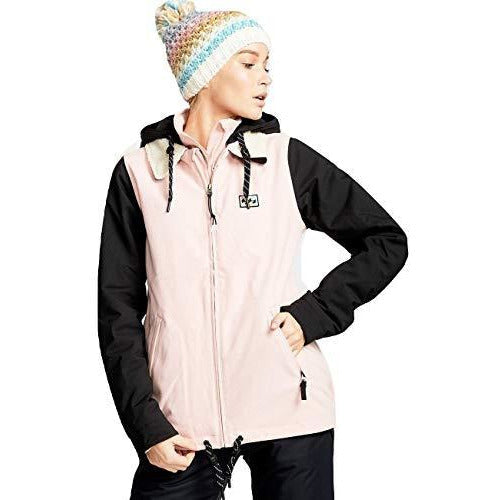 Women’s colorblock insulated jacket, blush main panel, black hooded sleeves, full zip.
