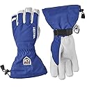 Royal blue Hestra leather ski gloves with white palm, wrist strap, and hanging loop