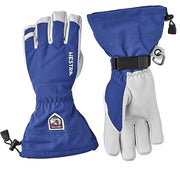 Royal blue and white Hestra leather ski gloves with wrist strap, stitched cuff, and ring