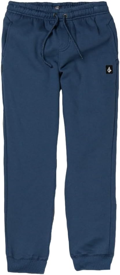 Men's blue fleece sweatpants with drawstring waist and side logo patch