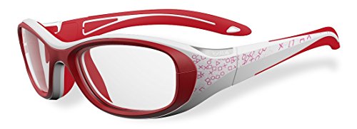 Youth sport protective goggles, white frame with pink accents, tinted red lenses