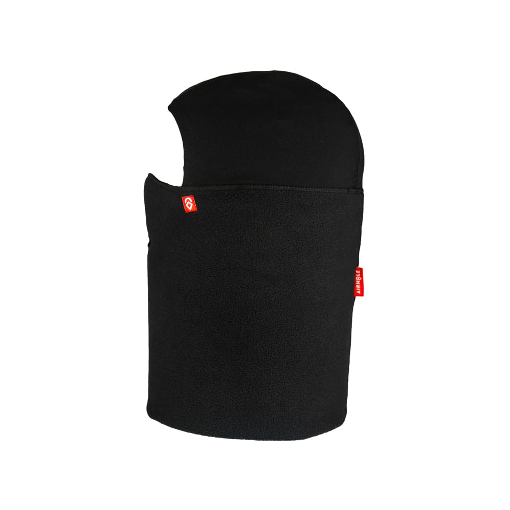 Black microfleece balaclava with top panel and red logo tab