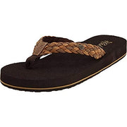 Women's dark flip flops with tan braided strap and cushioned sole