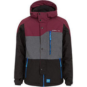 Boys' winter jacket, maroon and black color-block with gray panels and blue zipper pull