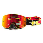 Orange-red mirrored ski goggles with black foam frame and patterned elastic strap