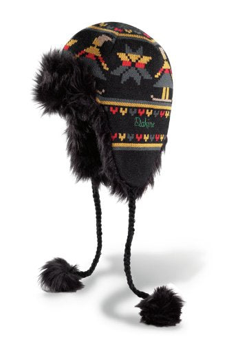 DAKINE faux fur lined beanie, dark patterned knit with black pom and long ties