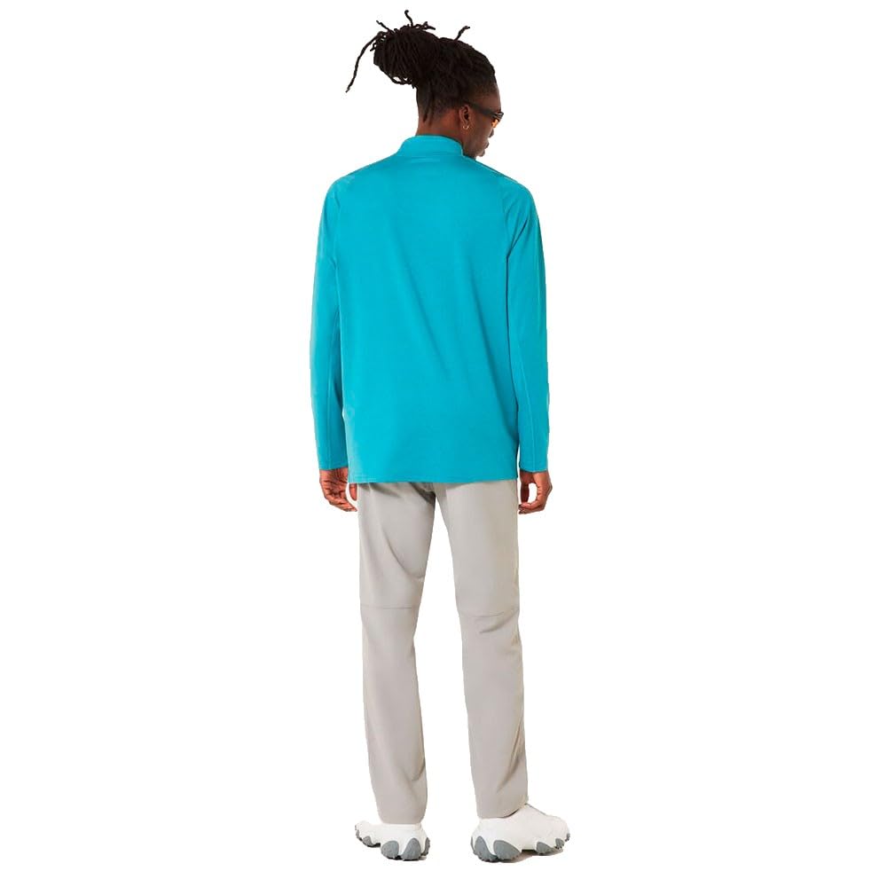 Oakley men's quarter-zip sweatshirt, turquoise, back view on model