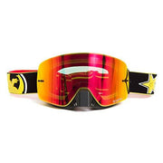 Side view ski goggles with orange-red mirrored lens and yellow-black patterned strap