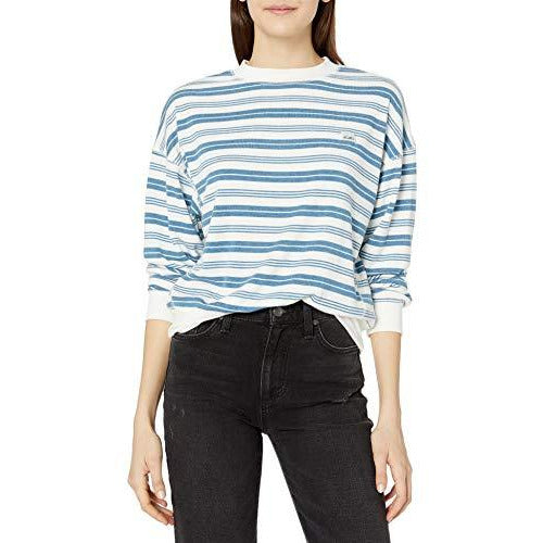 Billabong women's crew neck sweatshirt, blue-and-white striped, long sleeves, small logo