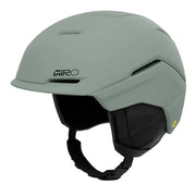Giro Tenet snow helmet in light green with chin strap and padded interior liner.