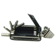 Black bike multi-tool with hex keys, bit driver, and folding saw blade