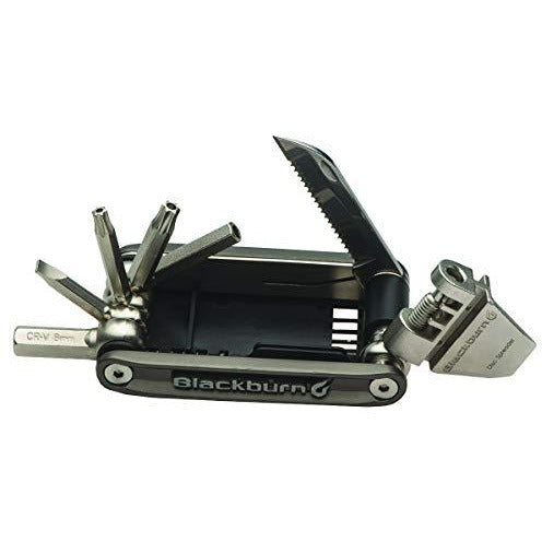 Black bike multi-tool with hex keys, bit driver, and folding saw blade