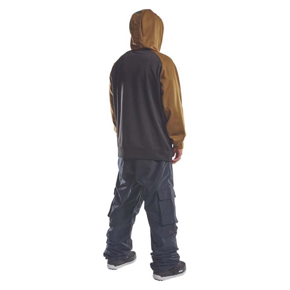 Men's rear view tech snow sport hoodie with tobacco hood and dark gray back