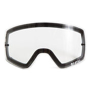 Clear ski goggle lens with gray frame and small side vent holes