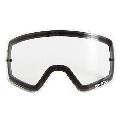 Clear ski goggle lens with gray frame and small side vent holes