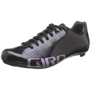 Women’s road cycling shoes, black with purple Giro logo, lace-up, perforated upper