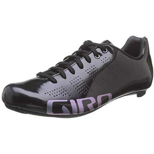 Women’s road cycling shoes, black with purple Giro logo, lace-up, perforated upper
