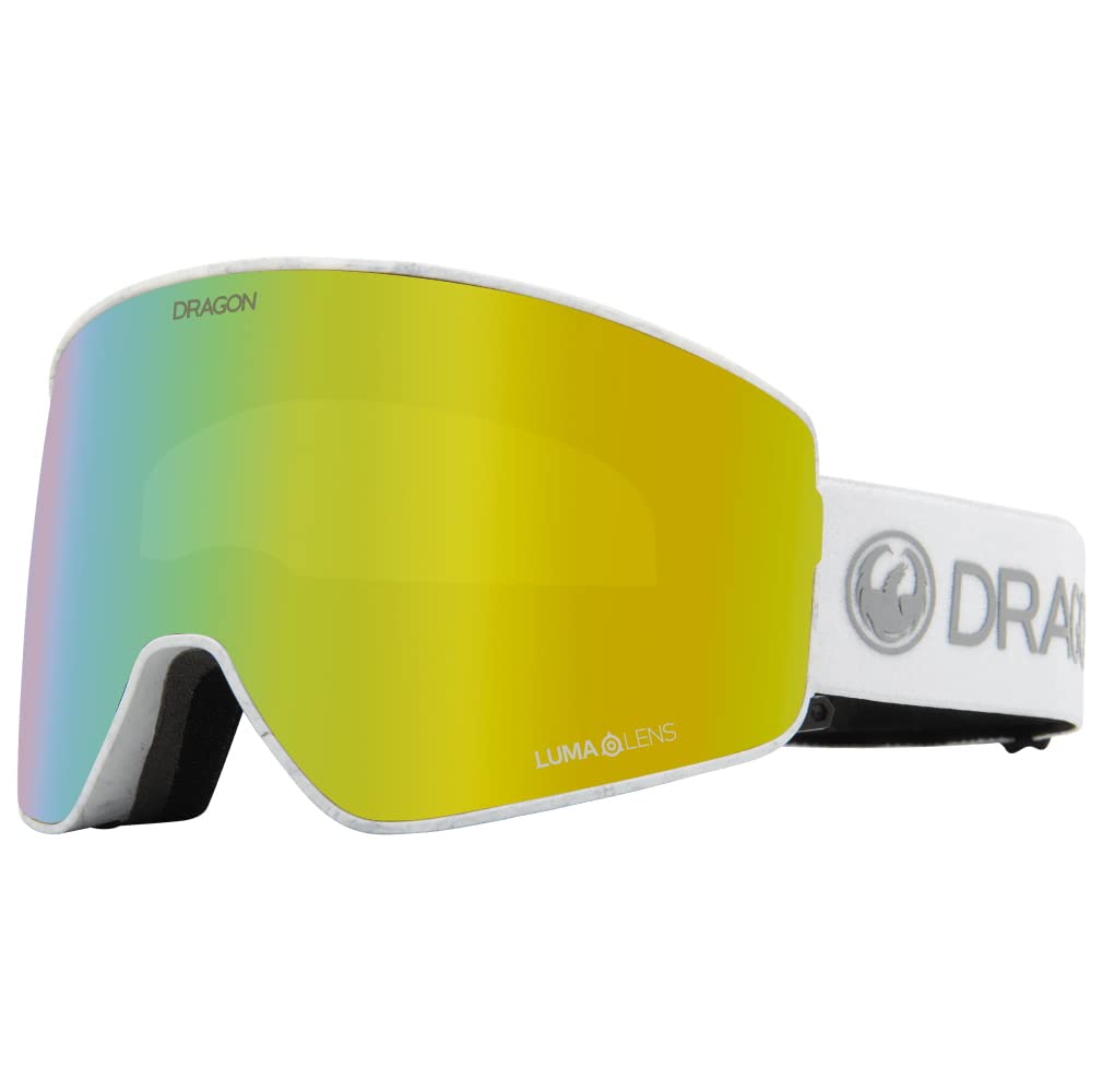 Dragon PXV2 snow goggles with yellow Luma lens and white frame, black strap
