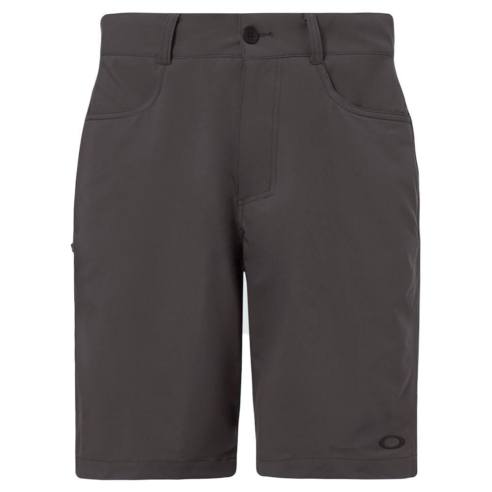 Oakley hybrid 21-inch shorts in dark grey, front close-up with button and pocket stitching