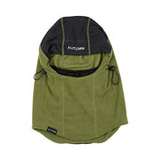 Army green technical hood with black top panel, drawstrings, and side logo patch