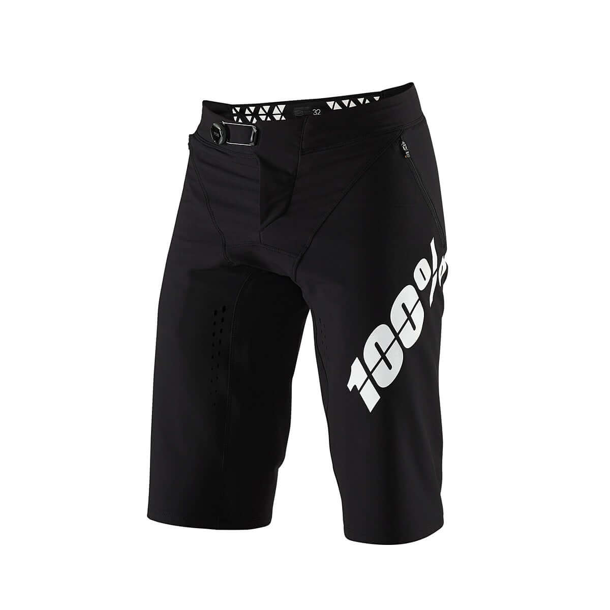 Black DH cycling shorts with white logo and adjustable waistband