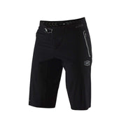 Black celium shorts with metal buckle waistband, zip pocket, and straight cut