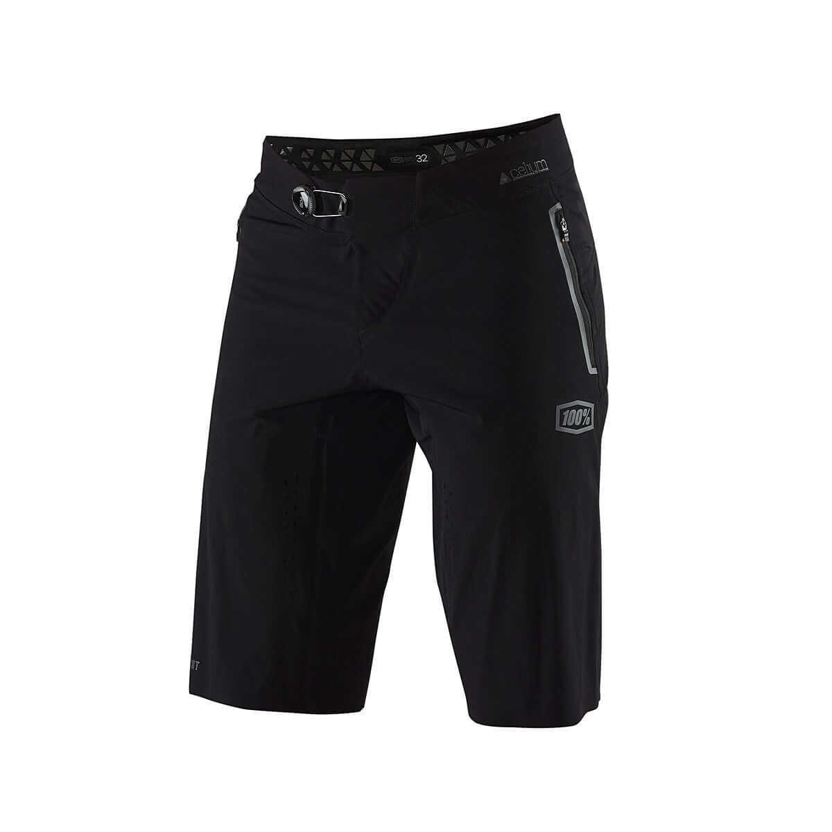 Black celium shorts with metal buckle waistband, zip pocket, and straight cut