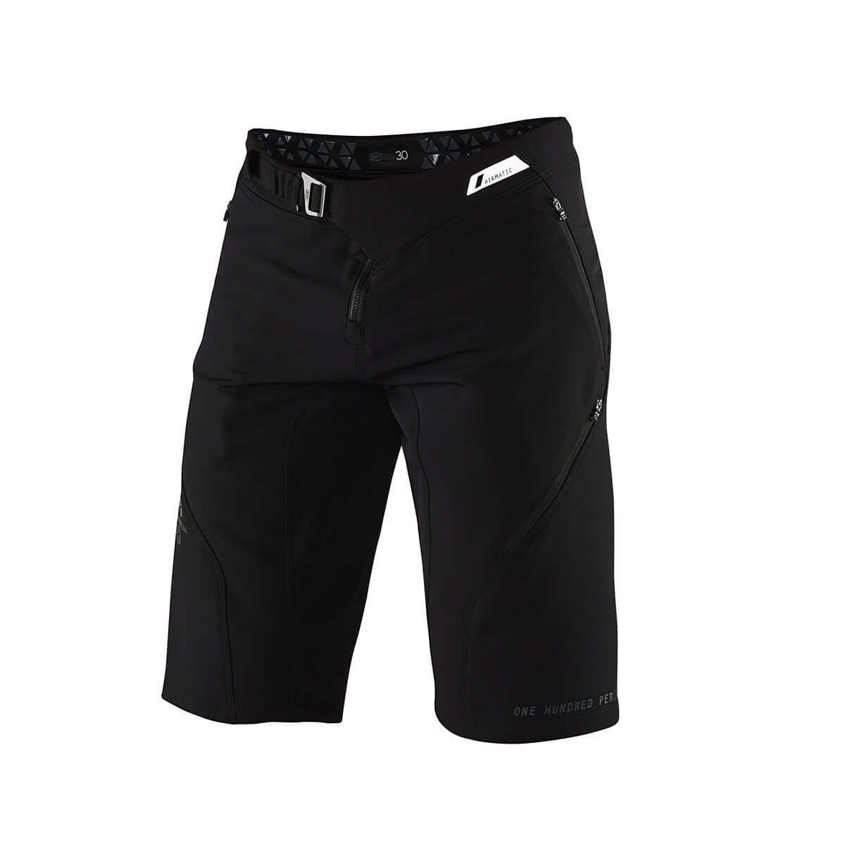 Black men's shorts with zip fly, side zip pockets, and logo waistband label