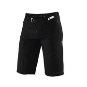 Black men's shorts with zip fly, side zip pockets, and logo waistband label