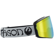 Dragon Alliance PXV2 snow goggles with neon yellow mirrored lens and white strap