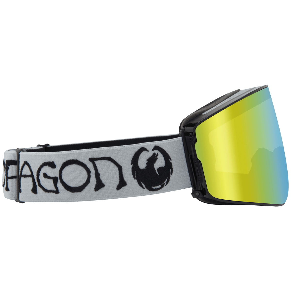 Dragon Alliance PXV2 snow goggles with neon yellow mirrored lens and white strap