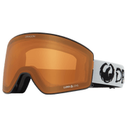 Dragon Alliance PXV2 snow goggles with amber mirrored lens and white strap