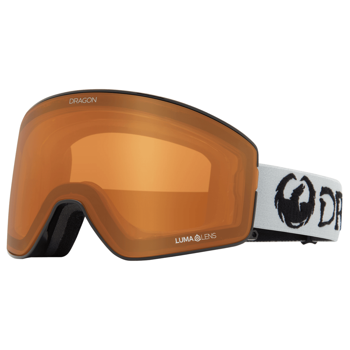 Dragon Alliance PXV2 snow goggles with amber mirrored lens and white strap
