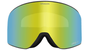 Snow goggles with lime mirrored lens and dark frame