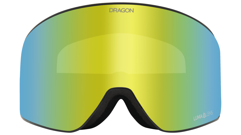 Snow goggles with lime mirrored lens and dark frame