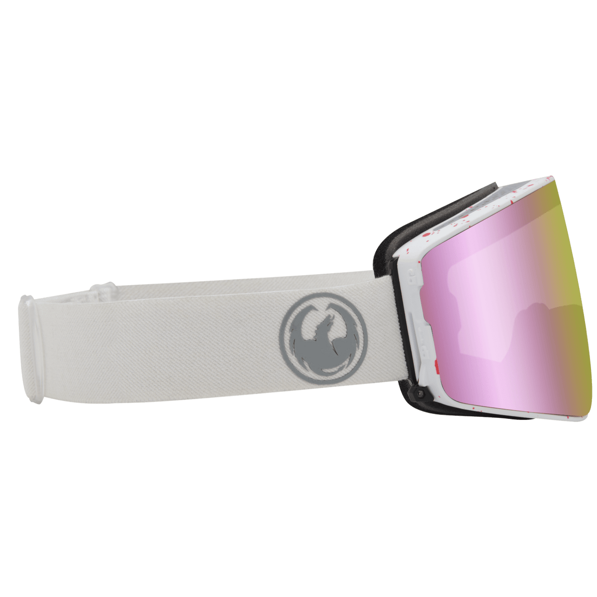 Dragon Alliance PXV2 snow goggles with pink mirrored lens and white fabric strap
