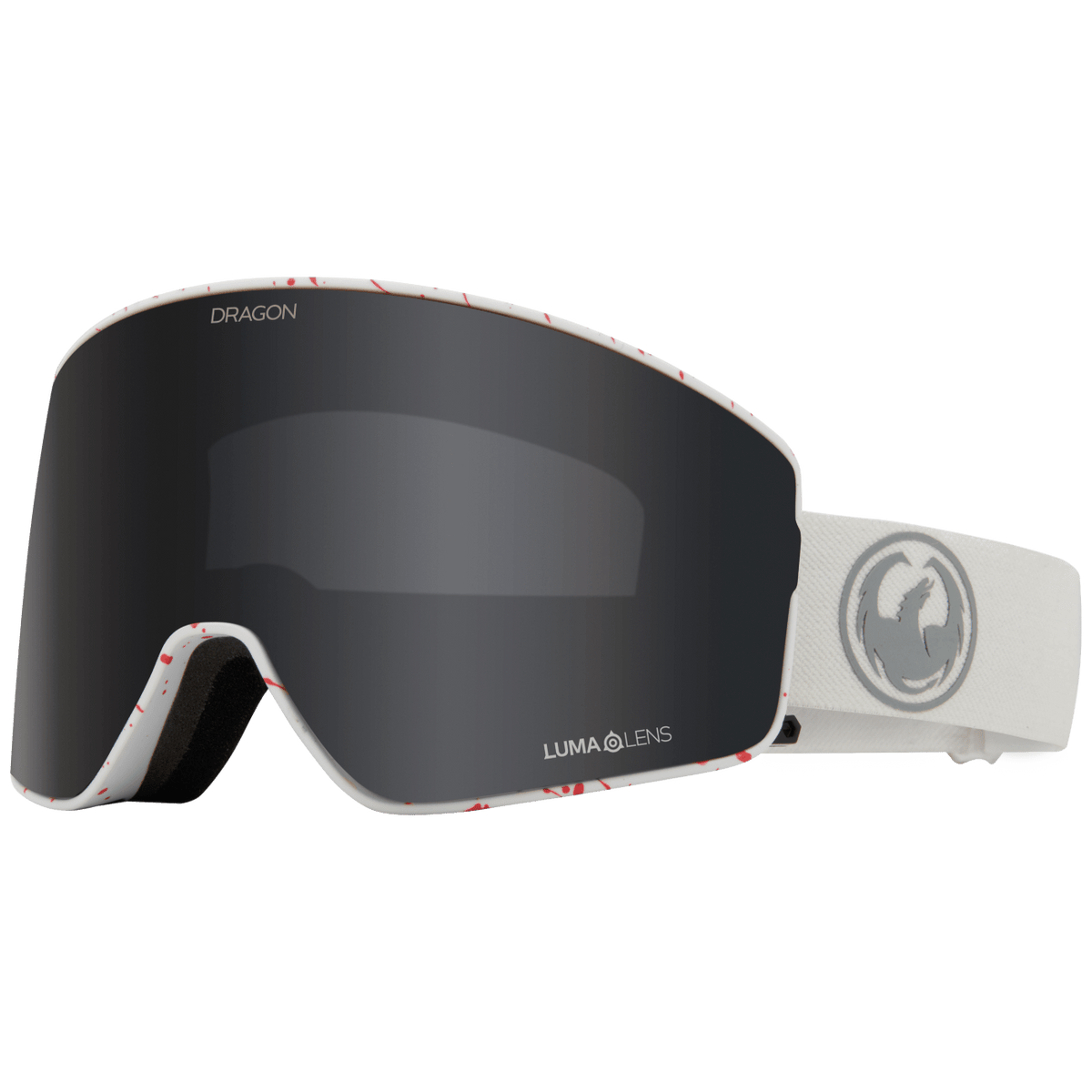 Dragon Alliance PXV2 snow goggles with dark smoke mirrored lens and white strap