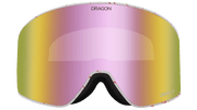 Dragon Alliance PXV2 snow goggles with iridescent pink mirrored lens and white strap