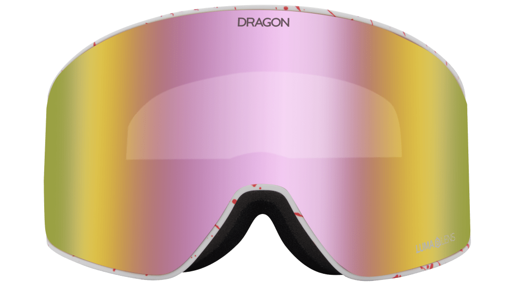 Dragon Alliance PXV2 snow goggles with iridescent pink mirrored lens and white strap