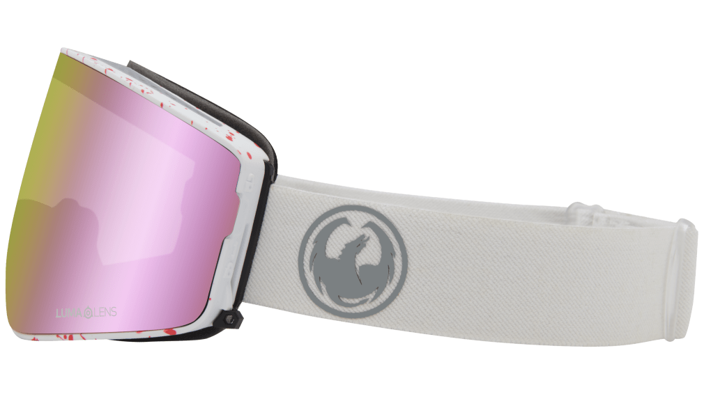 Dragon Alliance PXV2 snow goggles with pink mirrored lens and white fabric strap