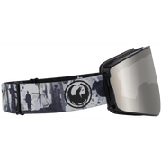 Snow goggles with black frame and speckled strap, large circular DRAGON emblem
