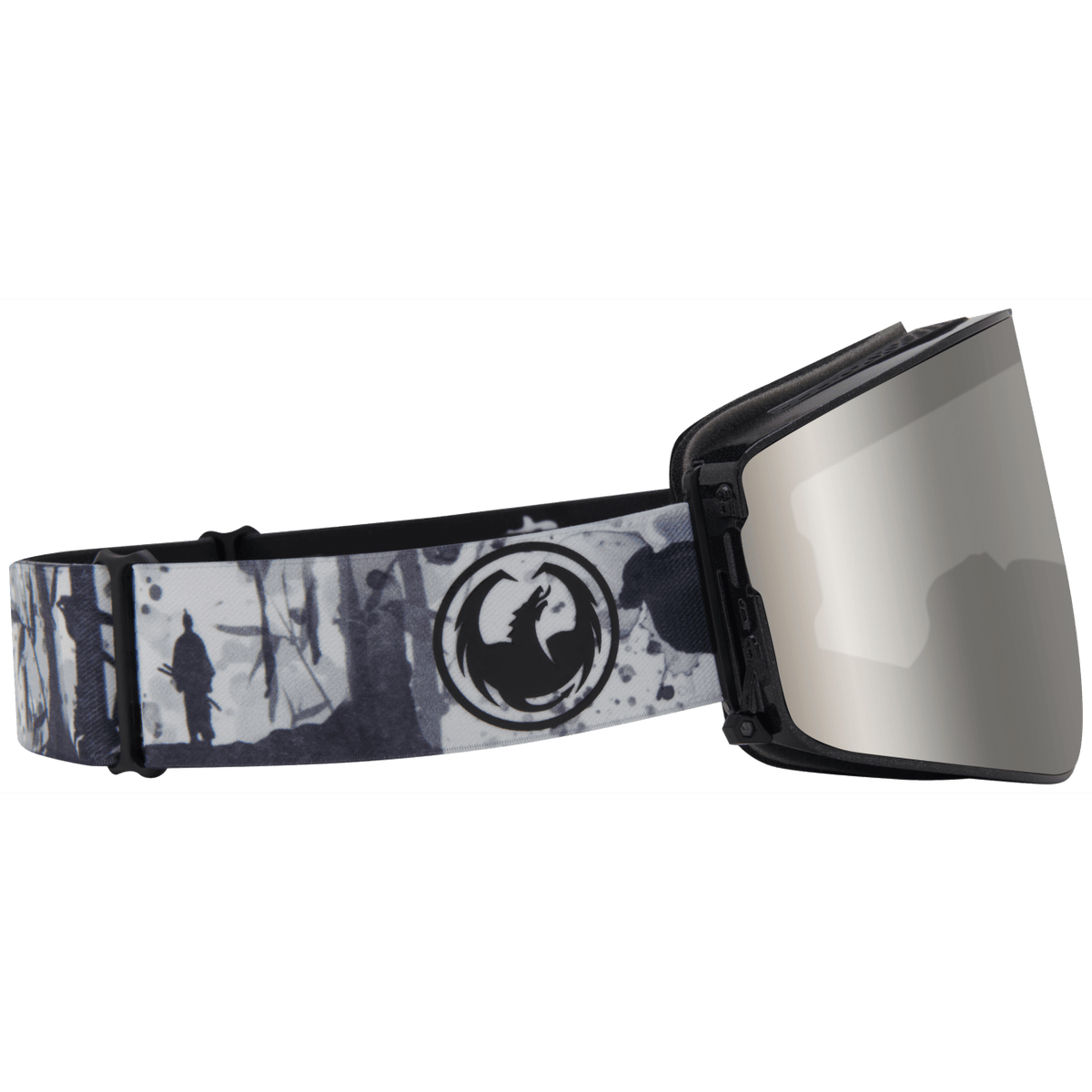 Snow goggles with black frame and speckled strap, large circular DRAGON emblem