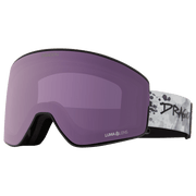 Snow goggles with purple mirrored lens and speckled strap with DRAGON branding